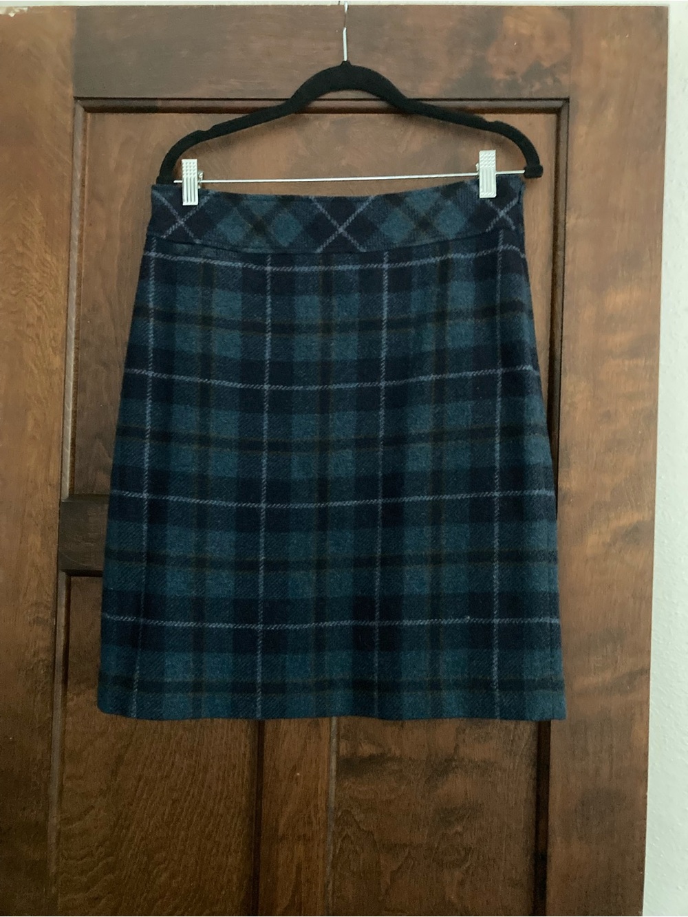 Classic Plaid Wool-Blend Skirt in Teal and Navy